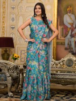 Light Blue Slime Georgette Readymade Gown Saree